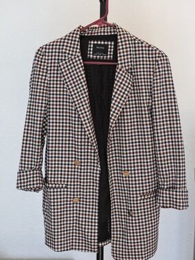 Bershka Brown, Black & White Gingham Double-Breasted Blazer